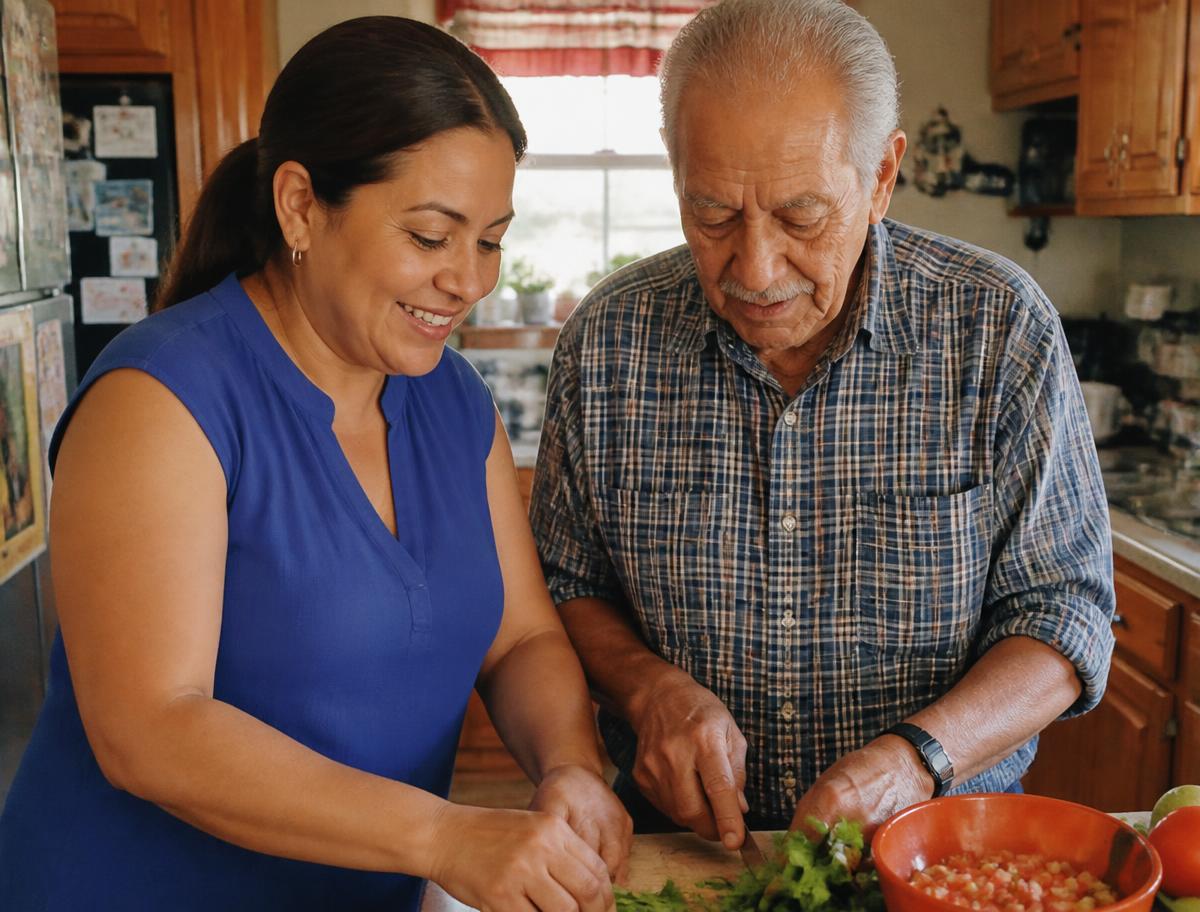 A daughter preparing a meal with her elderly father in his kitchen