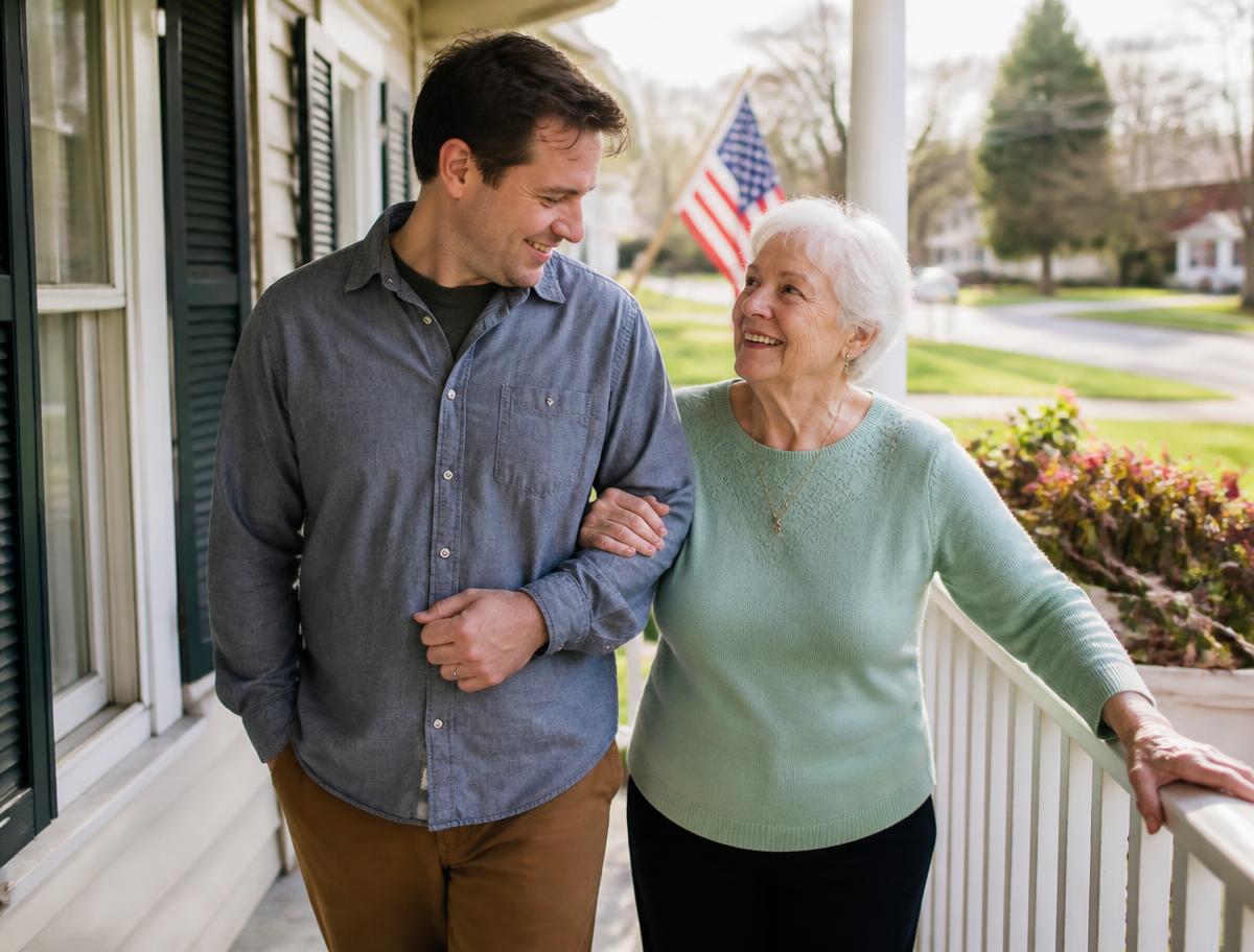 A son walking arm in arm with his mother on her front porch