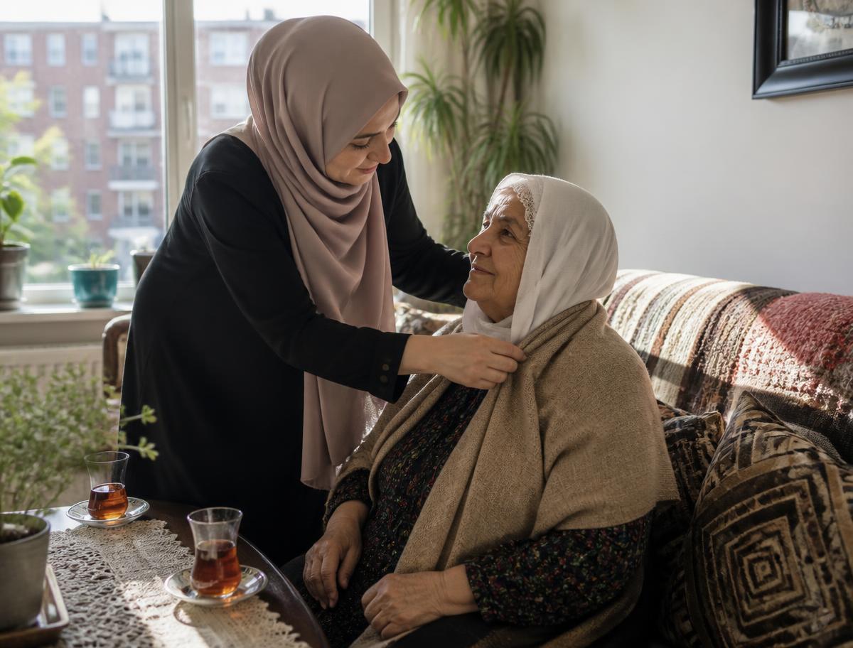 A woman in a hijab helping her elderly mother at home