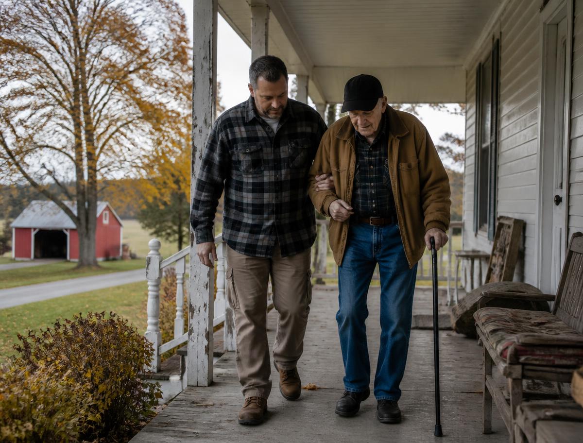 A son walking with his elderly father on a rural Michigan farmhouse porch